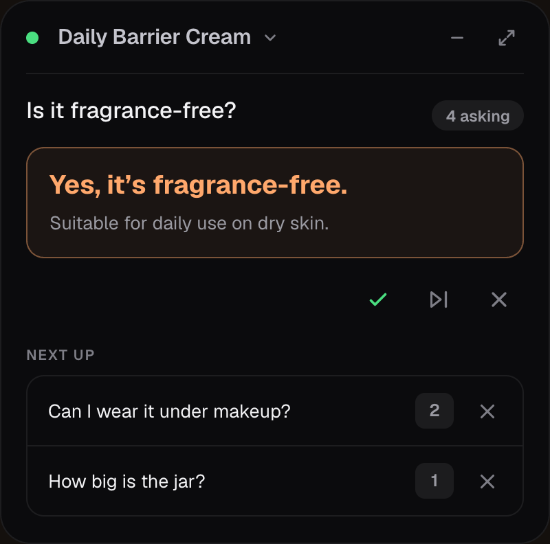Host guidance for Daily Barrier Cream: ‘Is it fragrance-free?’ Answer: ‘Yes, it’s fragrance-free.’ Next up: ‘Can I wear it under makeup?’ and ‘How big is the jar?’