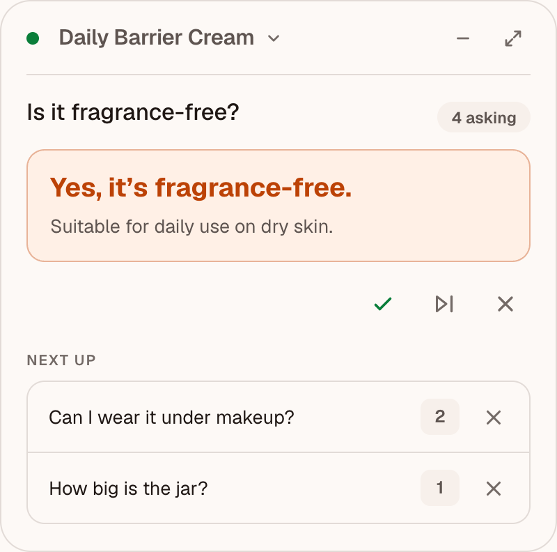 Host guidance for Daily Barrier Cream: ‘Is it fragrance-free?’ Answer: ‘Yes, it’s fragrance-free.’ Next up: ‘Can I wear it under makeup?’ and ‘How big is the jar?’