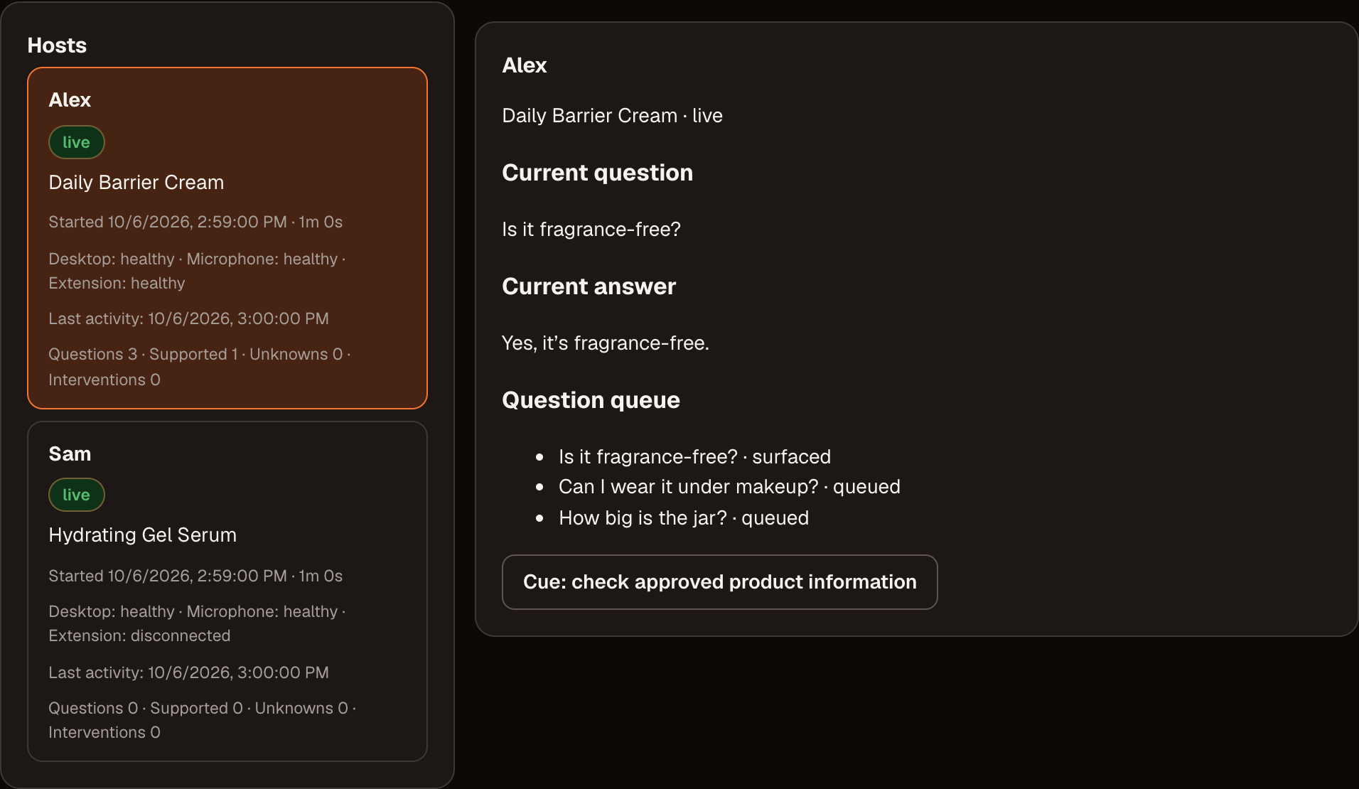 Operator Desk: Alex’s selected session shows an ingredient question, answer and cue control. The full team view also shows Sam’s disconnected extension.