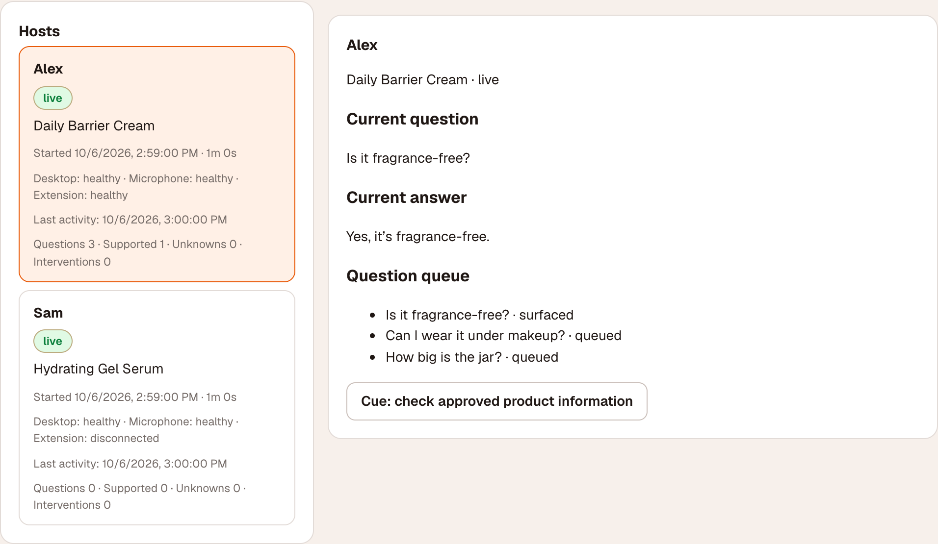 Operator Desk: Alex’s selected session shows an ingredient question, answer and cue control. The full team view also shows Sam’s disconnected extension.