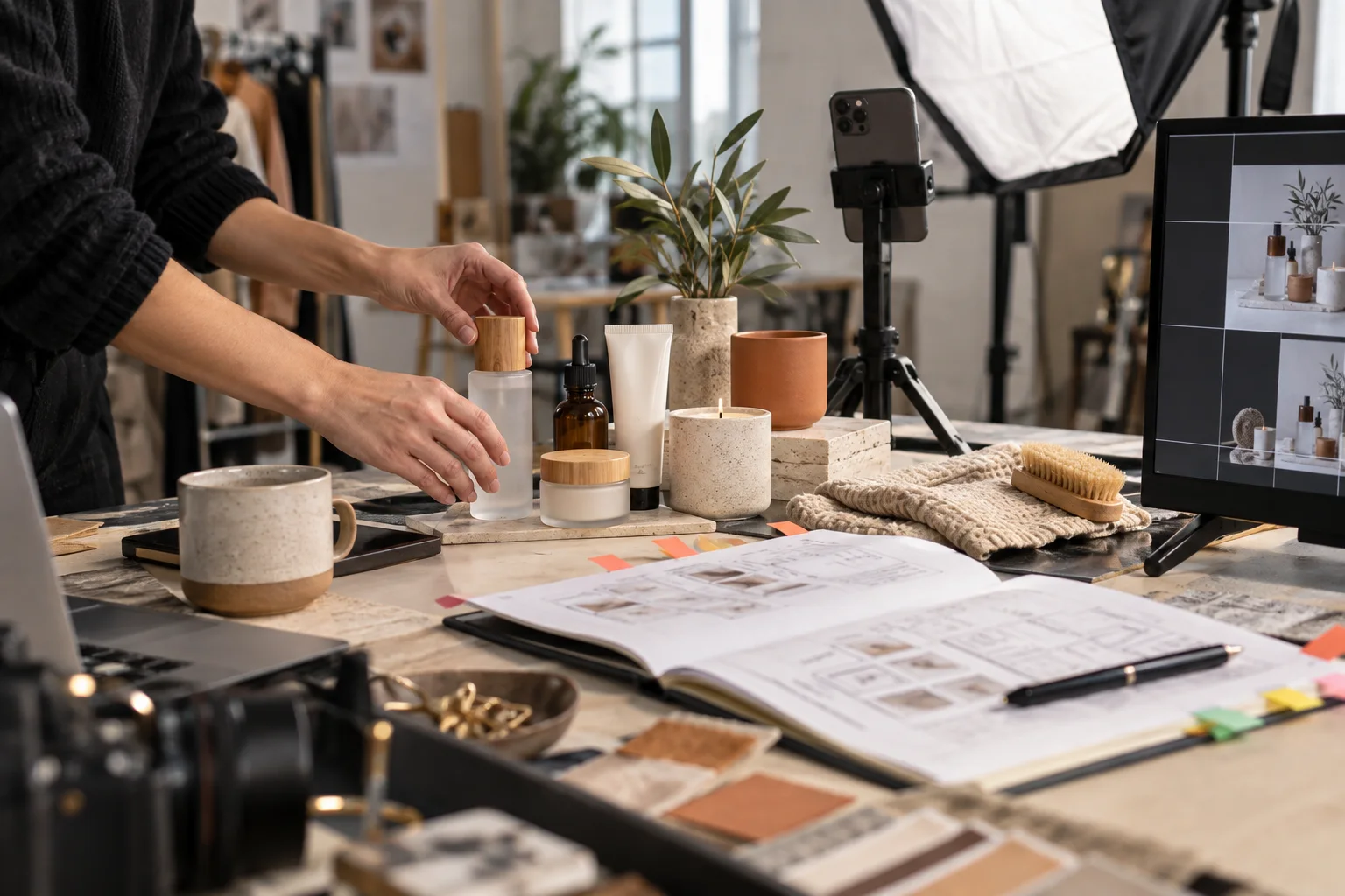 Hands arranging product samples beside a show plan and studio equipment